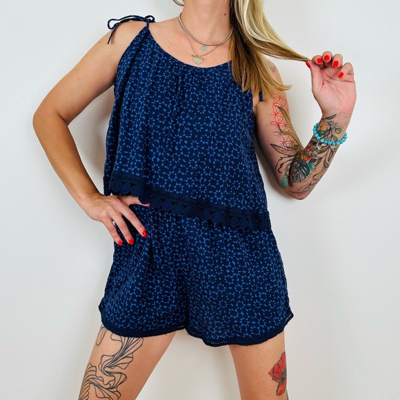 Aerie Blue Printed Tie Shoulder Romper Boho - Picture 2 of 7